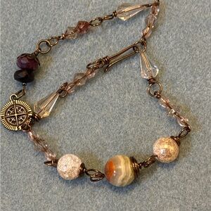 Elegant Brown Agate Antique Brass Bracelet with Compass Charm Extension